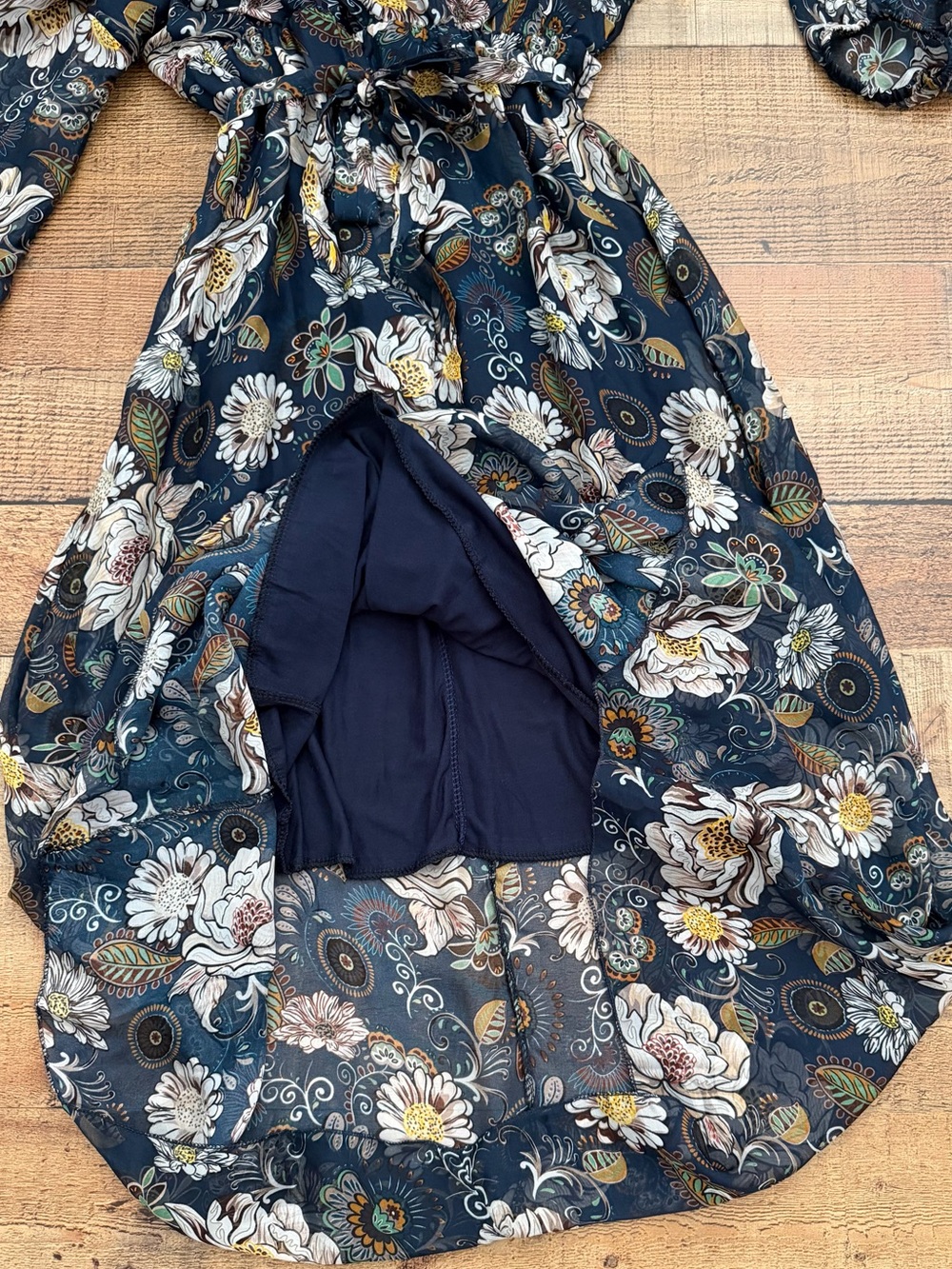 Floral Wrap Midi Dress Silk Blend Navy and Cream Wedding Guest - Picture 5 of 11